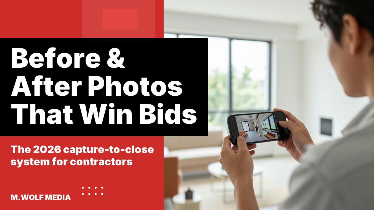 Before and after photos in contractor marketing - a split panel graphic reading Before and After Photos That Win Bids, the 2026 capture to close system for contractors