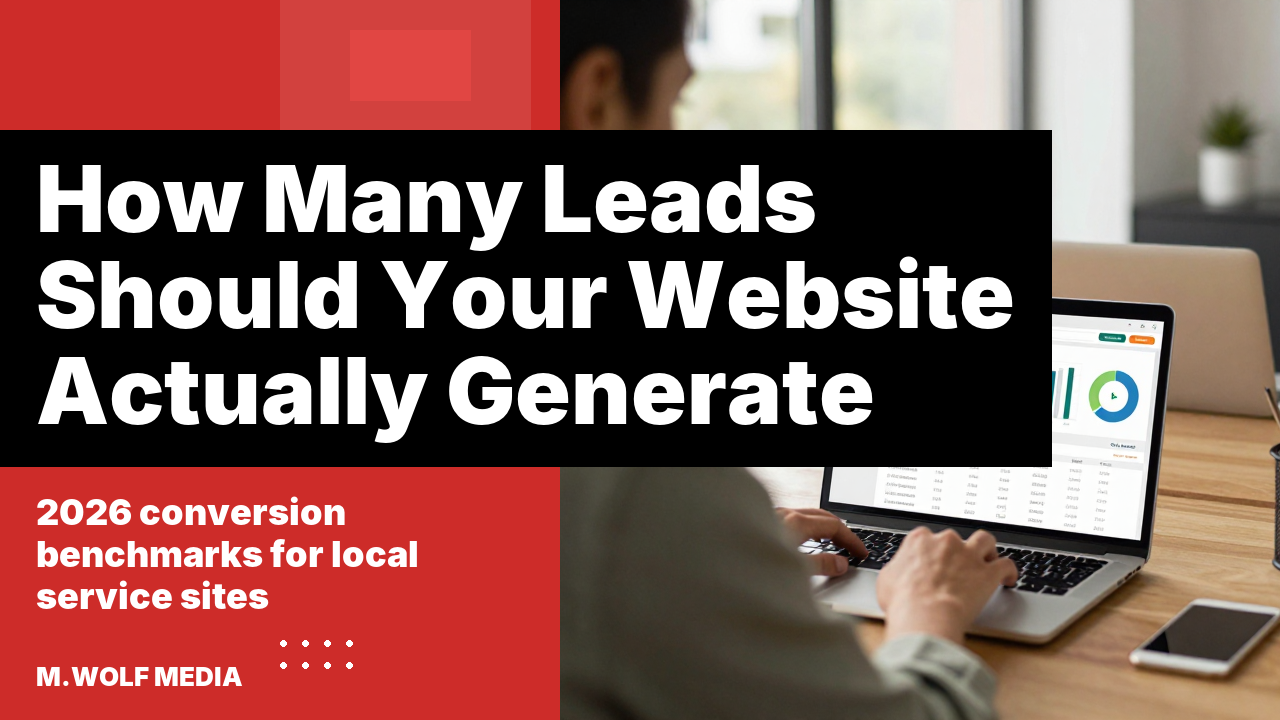 How many leads should my website generate - a split panel graphic reading how many leads should your website actually generate, 2026 conversion benchmarks for local service sites