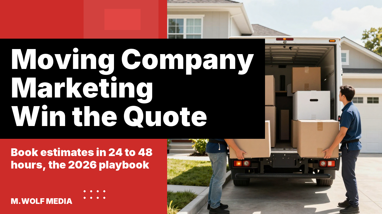 Moving company marketing - a split panel graphic reading Moving Company Marketing, Win the Quote, book estimates in 24 to 48 hours