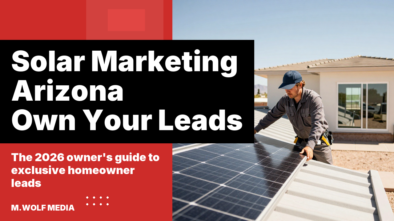 Solar company marketing Arizona - a split panel graphic reading solar marketing Arizona, own your leads